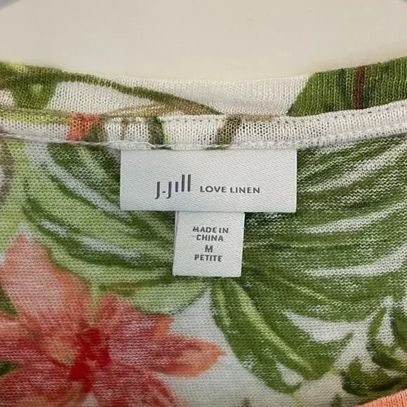 J. Jill Love Linen Womens Size MP Aloha Top Floral Tropical Tie Hem Medium Tee - Picture 5 of 8